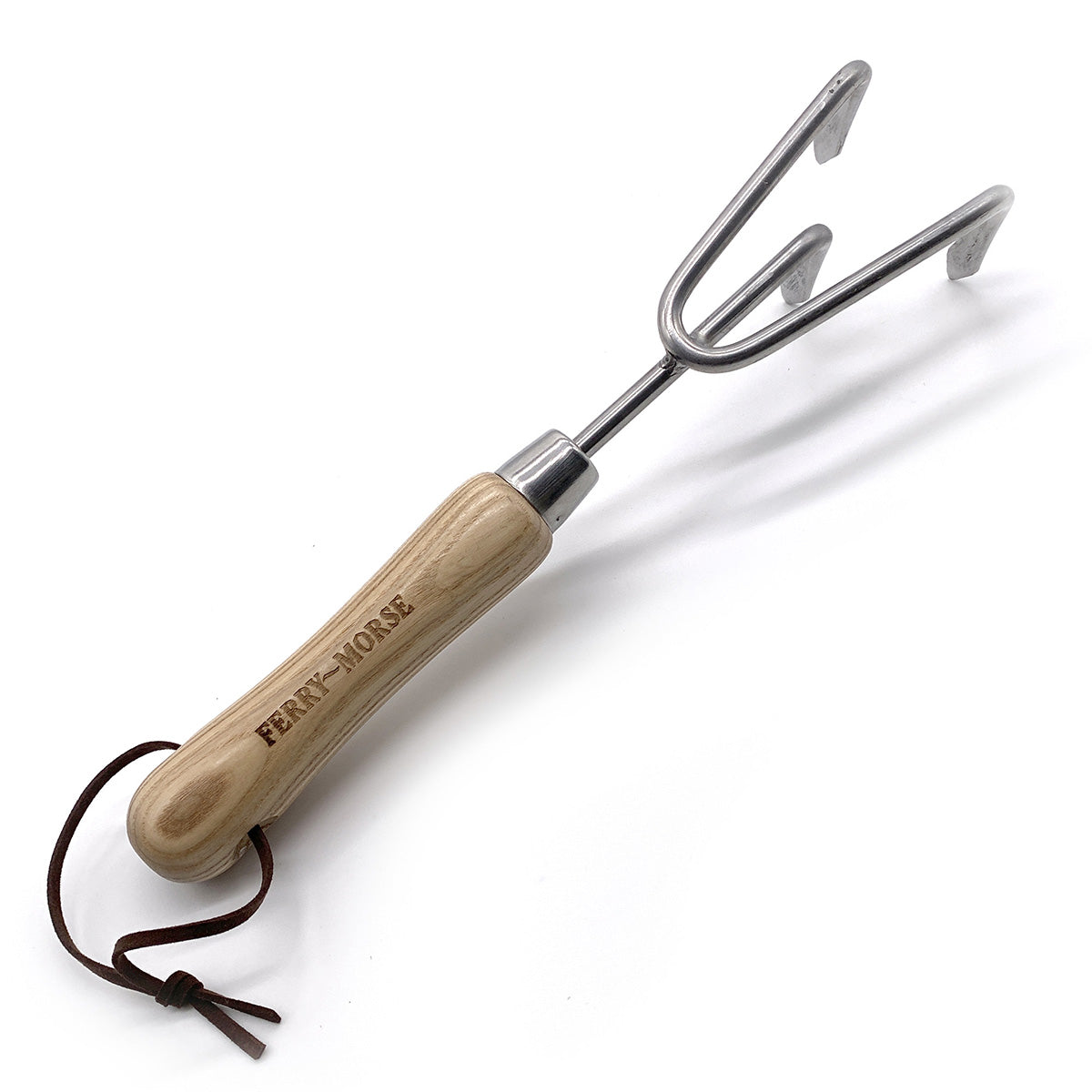 A Ferry-Morse premium garden cultivator with an ash wood handle and a stainless steel three-prong head, featuring a leather strap.